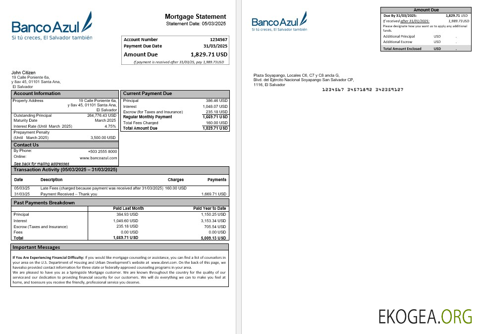 Relevé hypothécaire de Salvador Banco Azul aux formats Word et PDF
